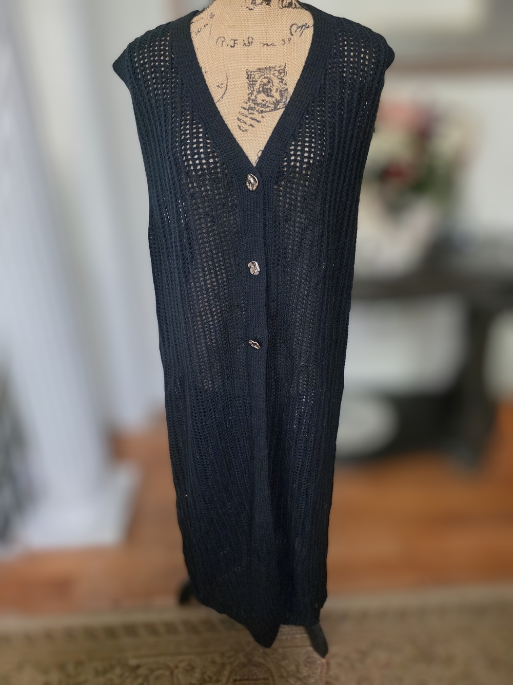 Sleeveless Black Open-Knit Long Button-Front Cardigan